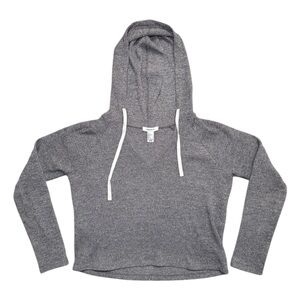 Forever 21 Grey Ribbed Knit Cropped Hoodie V-Neck High Low Pullover - Small